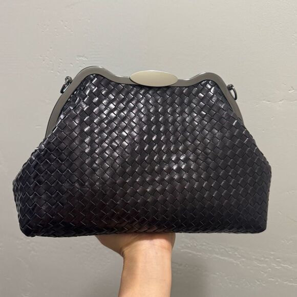 Genuine Woven Leather Handmade Custom Push Lock Metal Frame Handbag, Crossbody - Picture 7 of 16